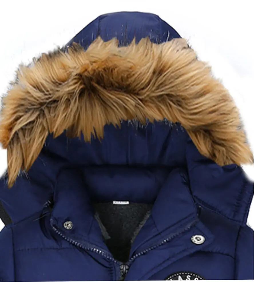 Outdoor Jacket For Boys Winter Hooded Zipper Outerwear Casual Baby Boys Velvet Thick Warm Coats Kids Clothing Fur Collar Parka